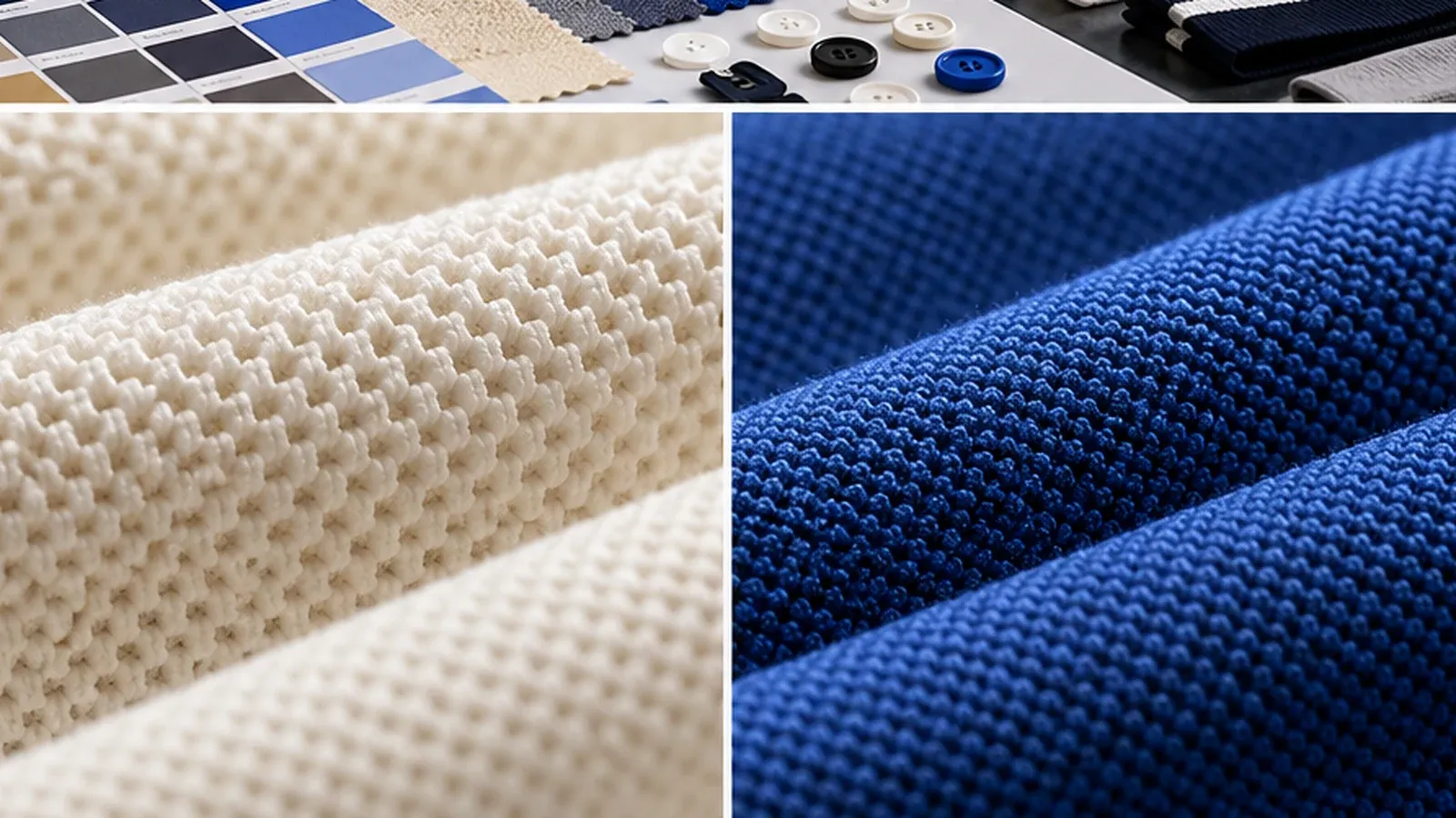 Pique knit honeycomb texture in cream and royal blue polo shirt fabric