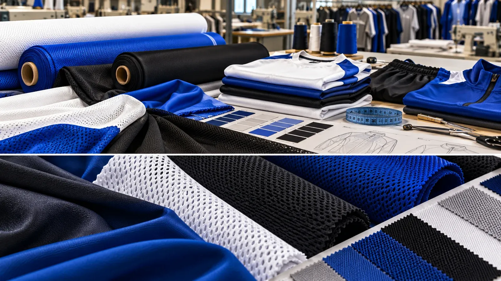 Polyester fabric for sportswear manufacturing with mesh, jersey and performance apparel samples