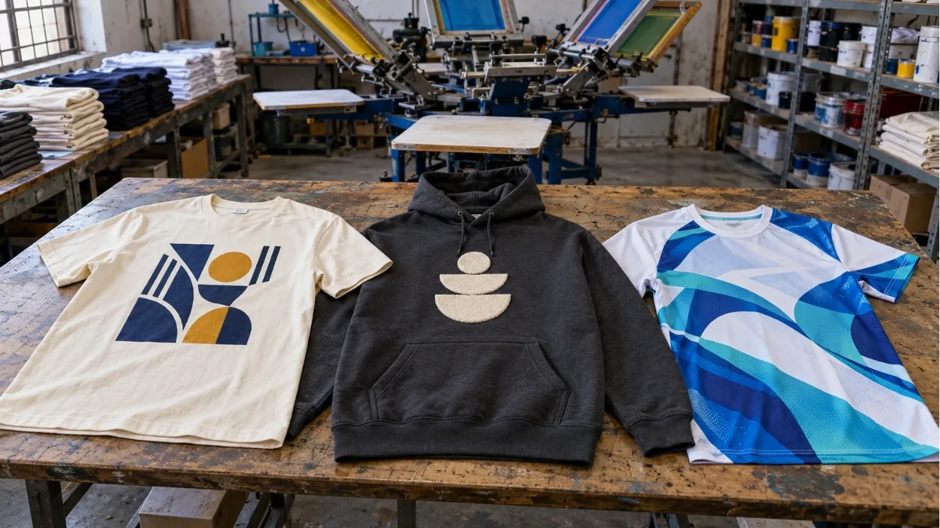 Printing comparison of printed t-shirts hoodies and performance garments for custom clothing production