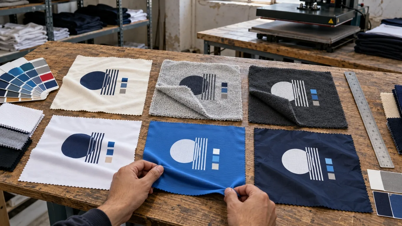 Printing fabric swatches prepared for print compatibility tests for custom clothing production