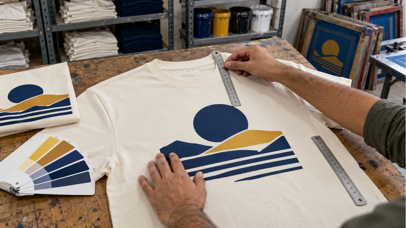 Printing quality control close up of printed garment placement and finish for custom clothing production