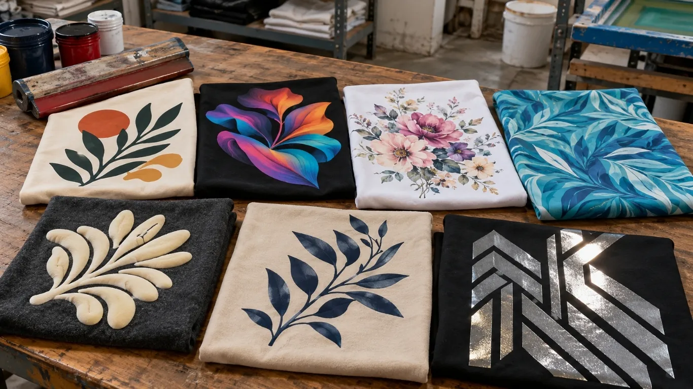 Printing side by side screen dtf dtg sublimation and special effect samples for custom clothing production