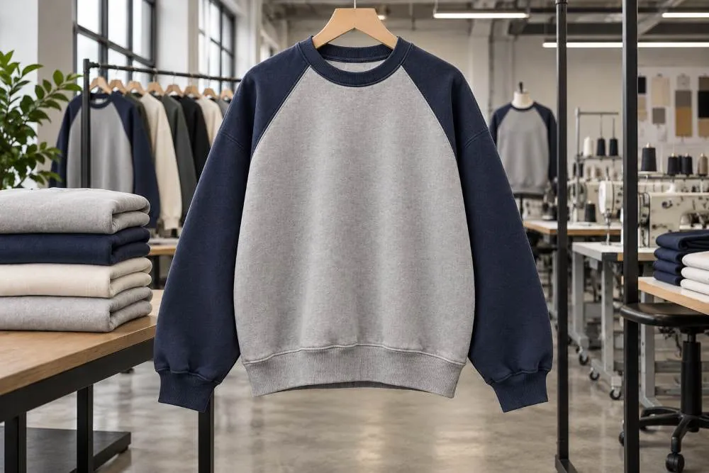 Custom raglan sweatshirt manufacturer in usa producing two-tone cotton fleece sweatshirts for sports and lifestyle brands