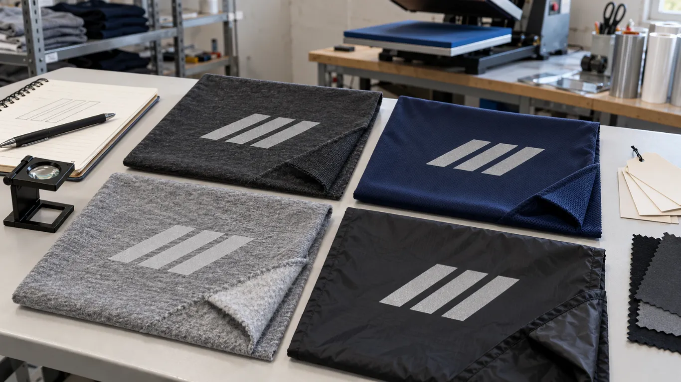 Reflective printing fabric compatibility test on cotton fleece and synthetic apparel for custom clothing production