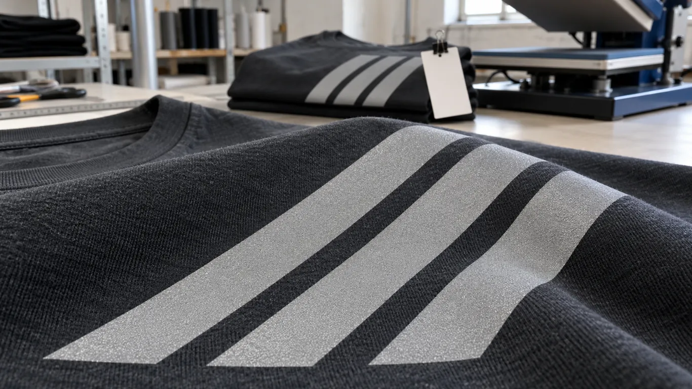 Reflective printing close-up production detail and approved reference sample for custom clothing production