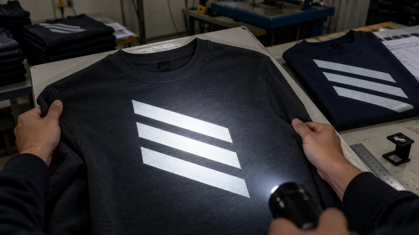 Reflective printing quality control inspection for placement cure and print consistency for custom clothing production