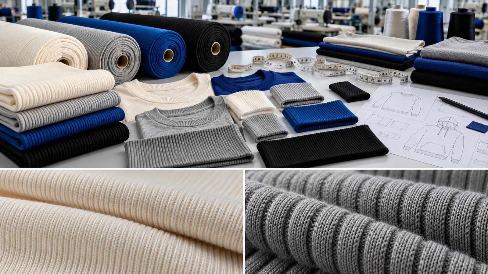 Rib knit fabric for clothing manufacturing with cuffs, collars, waistbands and fabric rolls