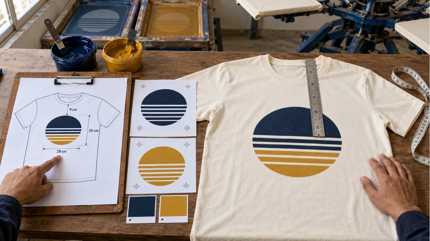 Screen printing artwork placement approval and production specification for custom clothing production