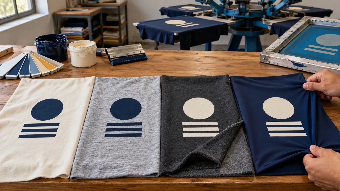 Screen printing fabric compatibility test on cotton fleece and synthetic apparel for custom clothing production