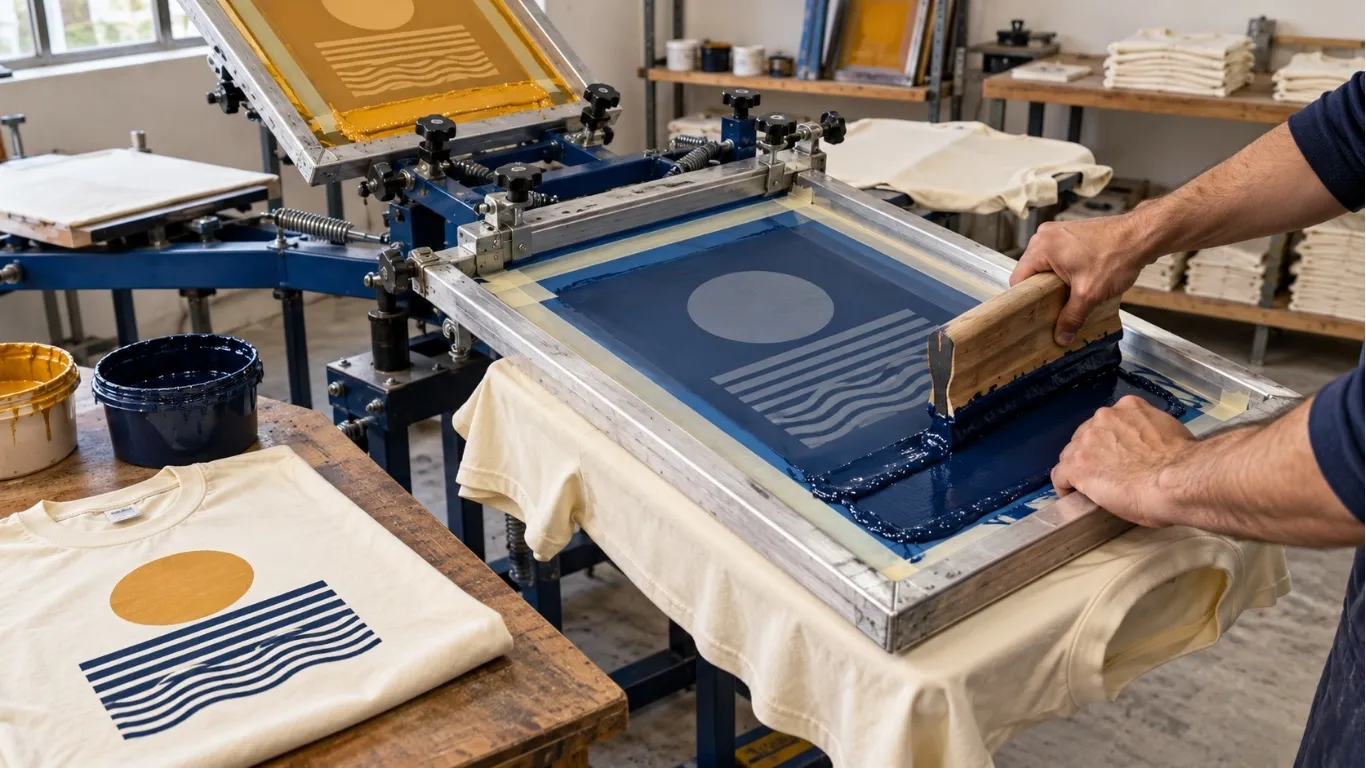 Screen printing production process from artwork to decorated garment for custom clothing production