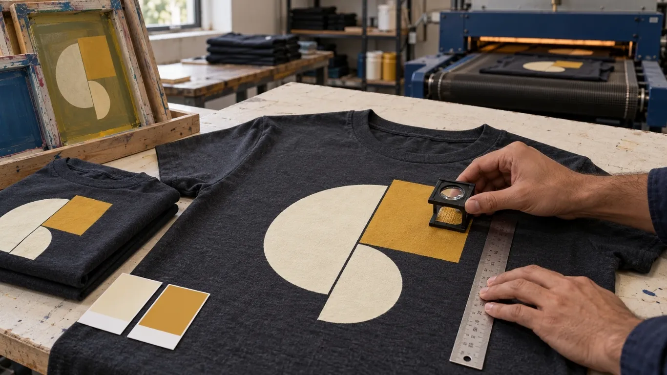 Screen printing quality control inspection for placement cure and print consistency for custom clothing production