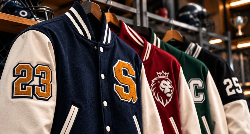 Team and school varsity jackets with custom colors player numbers logos and chenille patches